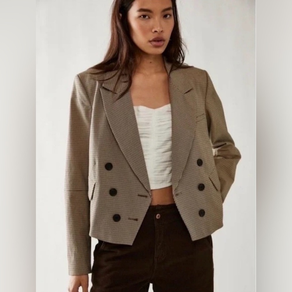 Free People Betty cropped blazer brown houndstooth size L
